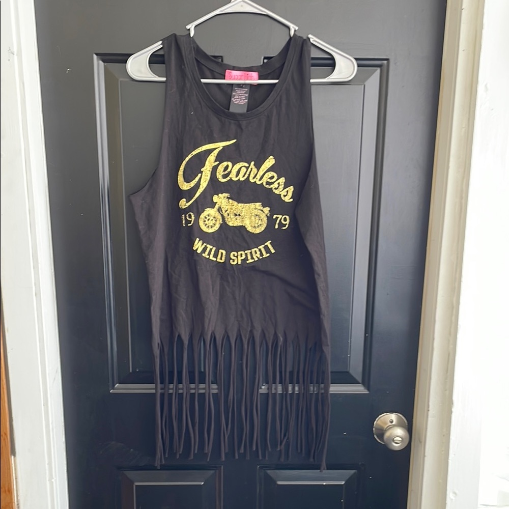 Black and Gold Fringe Tank Top with Graphic Design